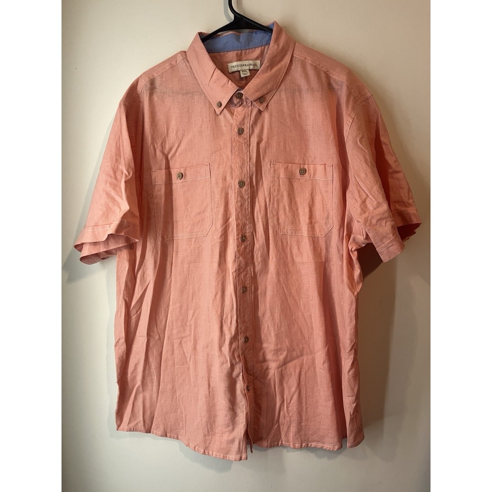 Tricots St Raphael‎ linen Short Sleeve Button Down Salmon Pink Orange Size XXL